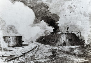 Battle of the Ironclads, sketch by J.O. Davidson in 1862 (Image Collection, Fort Monroe Archives).