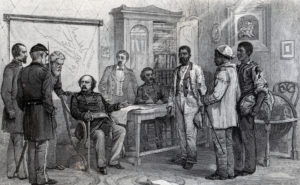 Frank Baker, Shepard Mallory, and James Townsend meet with General Benjamin Butler, 1861 (Image Collection, Fort Monroe Archives).